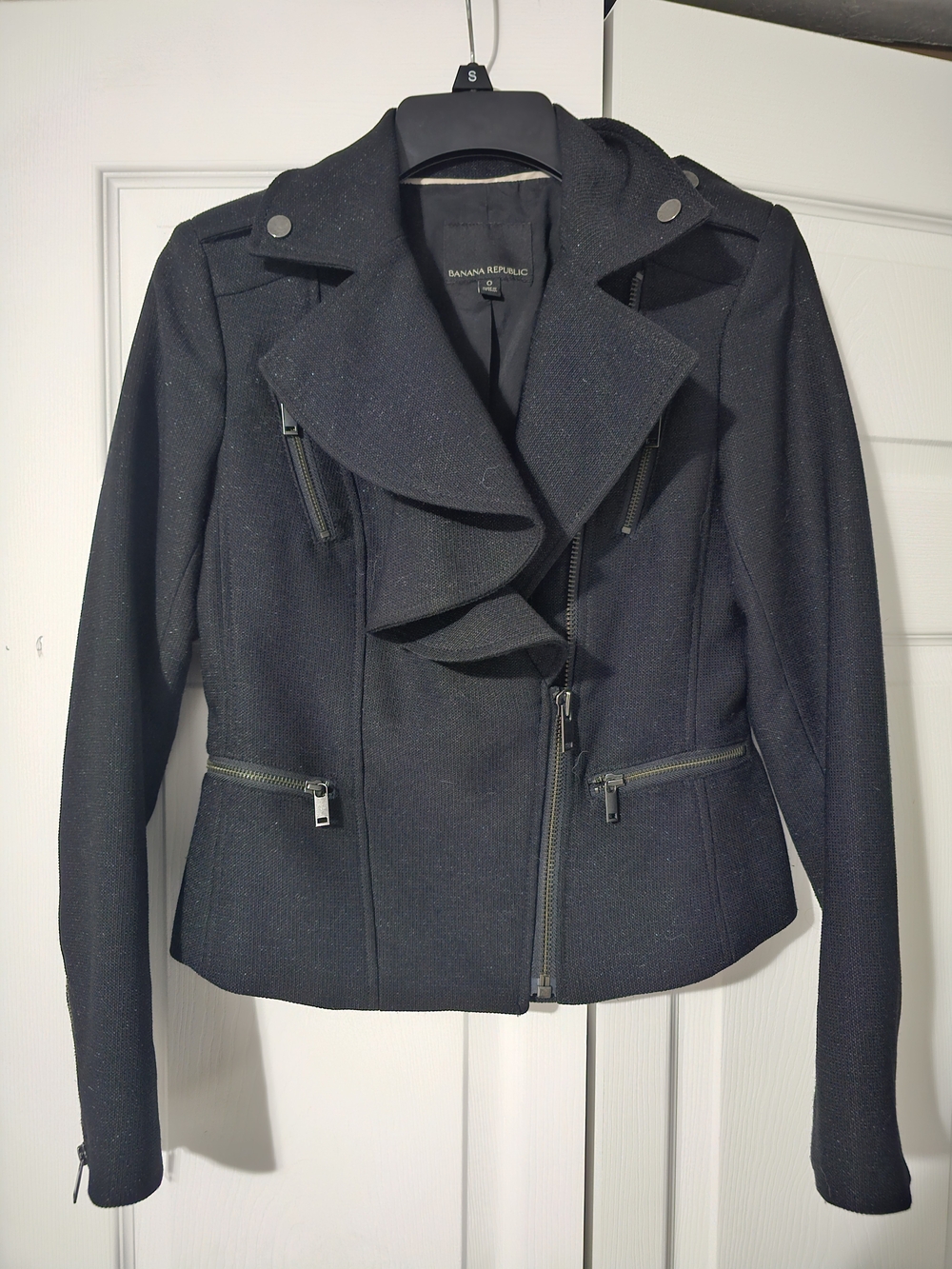 Banana Republic Women's Black Ruffle Collar Moto Jacket